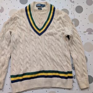 Polo by Ralph Lauren Cream V-Neck Sweater with Green and Blue Stripes